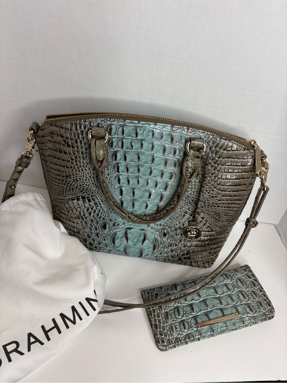 Brahmin Teal and Olive Embossed Leather Satchel and wallet